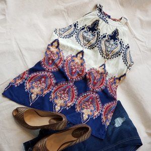 Medallian Print Summer Top, keyhole button closure